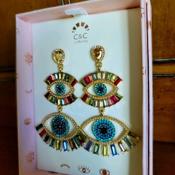 New C & C California Earrings Evil Eye Colored Jewel Rhinestone Dangle - Picture 4 of 7